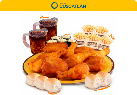 10 piezas + 5 Papas + 5 Ensaladas + 5 panes +Bebida familiar con refill